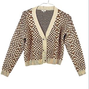 Debut Brown and Cream Distorted Checker Board Knit Cropped Cardigan Sweater